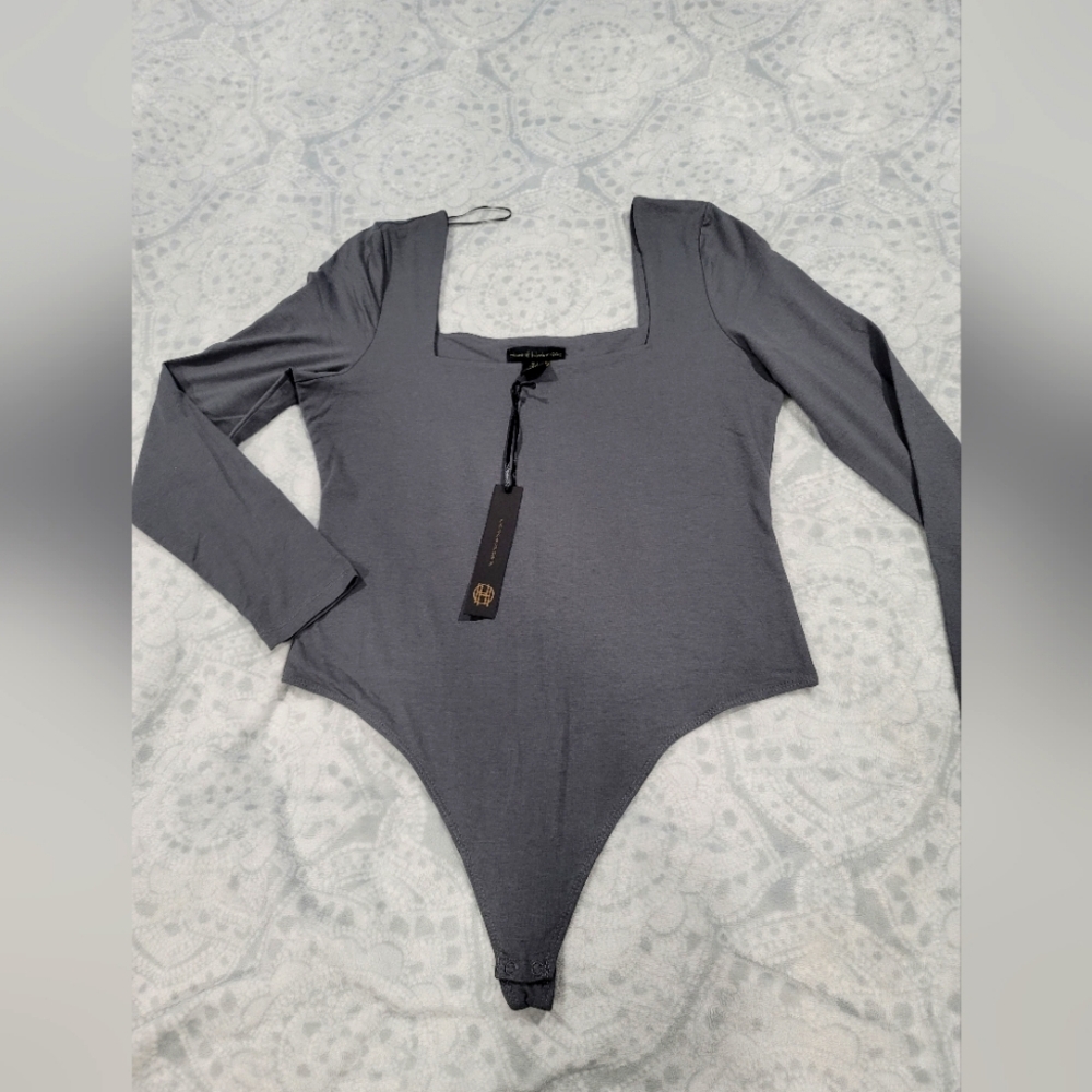 House of Harlow 1960 women's long-sleeved square-neck bodysuit, size L, grey, wi